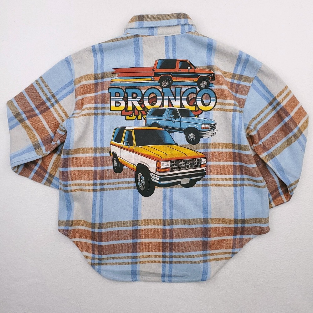 Ford Shirt Mens Medium Blue Brown Plaid Flannel Bronco 80s Wool Blend Heavy